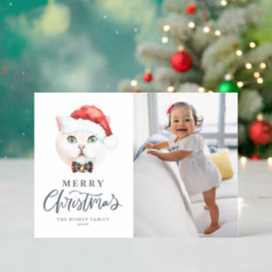 Watercolor British Shorthair Cat Santa Christmas Letterpress Photo Cards