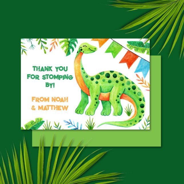Watercolor Brontosaurus Dinosaur Joint Birthday Thank You Card (Watercolor Brontosaurus Dinosaur Thank You Card)