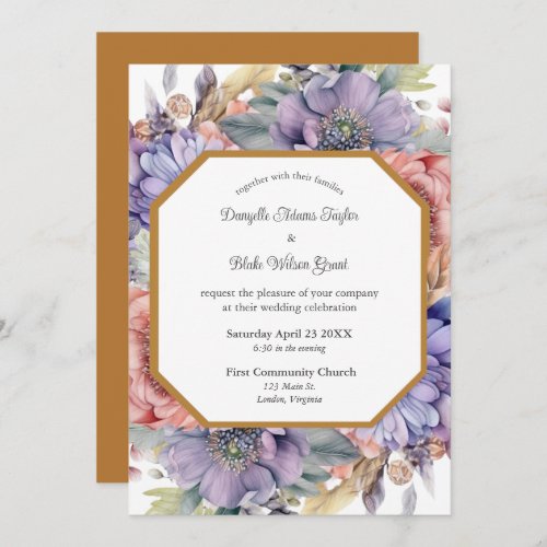 Watercolor Bronze Geometric Purple Floral Wedding Invitation