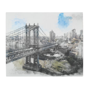 Watercolor Brooklyn Bridge – Elegant NYC Metal Print