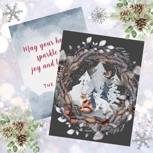 Watercolor Brown and Arctic Fox Snow Wreath Scene Holiday Card