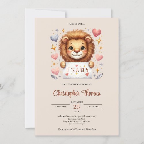 Watercolor brown and ivory Cute baby lion Invitation