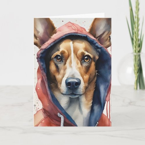Watercolor Brown and White Dog in Red Hoodie  Card