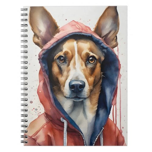 Watercolor Brown and White Dog in Red Hoodie  Notebook