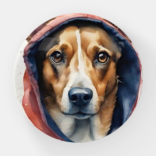 Watercolor Brown and White Dog in Red Hoodie  Paperweight