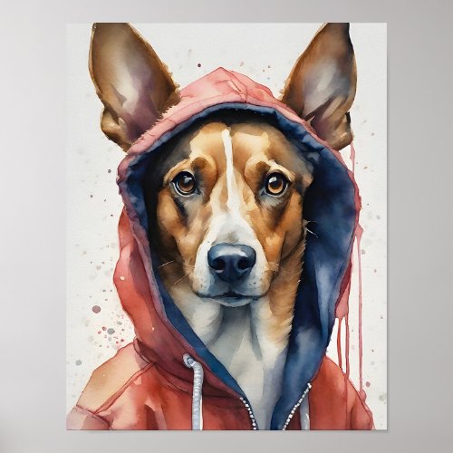 Watercolor Brown and White Dog in Red Hoodie  Poster