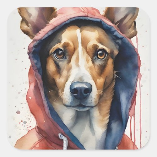 Watercolor Brown and White Dog in Red Hoodie  Square Sticker