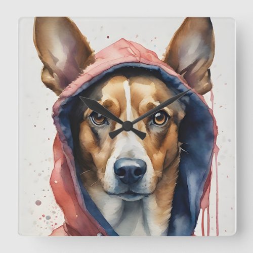 Watercolor Brown and White Dog in Red Hoodie  Square Wall Clock