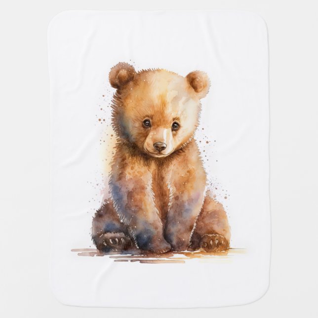 Watercolor Brown Baby Bear, Sitting Cute Bear Cub Blanket (Front)