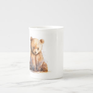 Watercolor Brown Baby Bear, Sitting Cute Bear Cub Bone China Mug