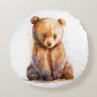 Watercolor Brown Baby Bear, Sitting Cute Bear Cub Round Pillow