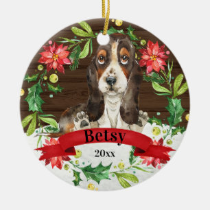 Watercolor Brown Basset Hound Cute Dog Christmas Ceramic Ornament