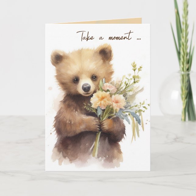 Watercolor Brown Bear With Flower Bouquet Card (Front)