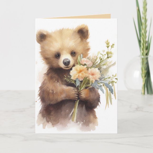 Watercolor Brown Bear With Flowers Card (Front)