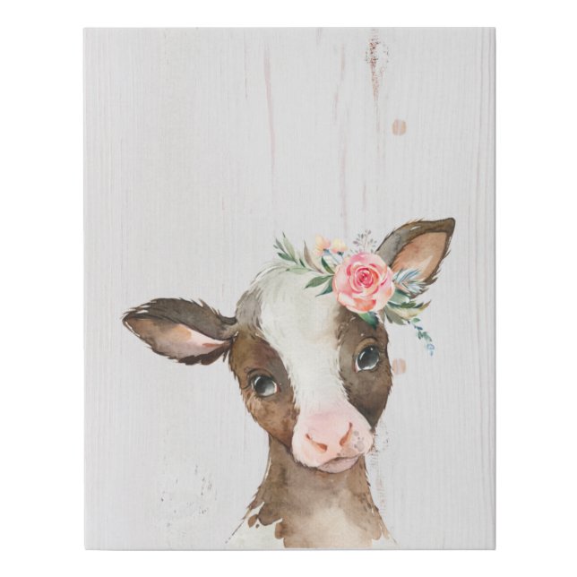 Watercolor Brown Cow, Baby Animals Nursery Faux Canvas Print (Front)
