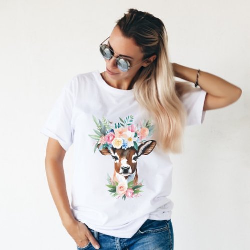 Watercolor brown cow with flower crown T_Shirt