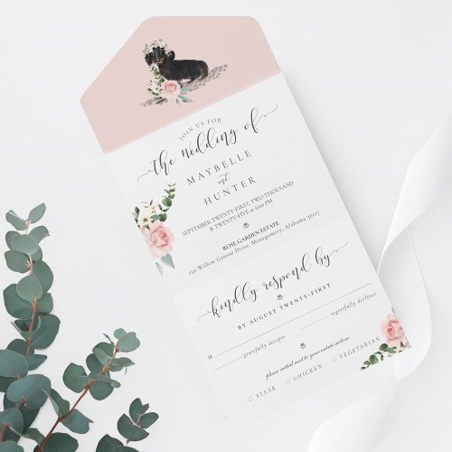 Watercolor Brown Dachshund Dog  Floral Pink Rose All In One Invitation