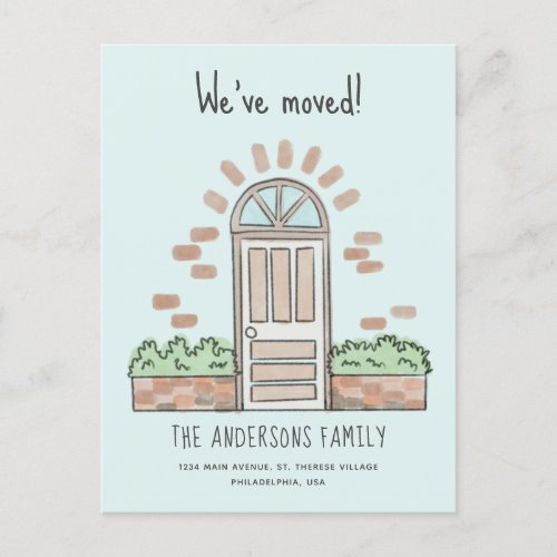 Watercolor Brown Door Playful Weve Moved Blue Announcement Postcard