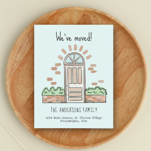 Watercolor Brown Door Playful We've Moved Blue Announcement Postcard