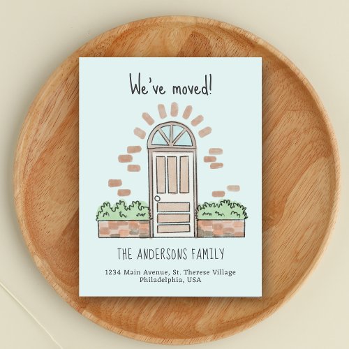 Watercolor Brown Door Playful Weve Moved Blue Announcement Postcard