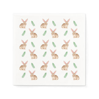 Watercolor Brown Easter Bunny And Greenery Pattern Napkins