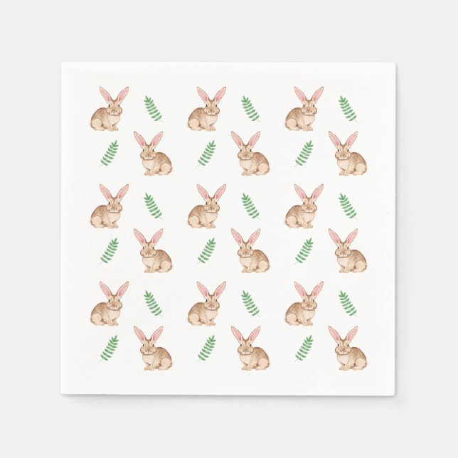 Watercolor Brown Easter Bunny And Greenery Pattern Napkins (Front)