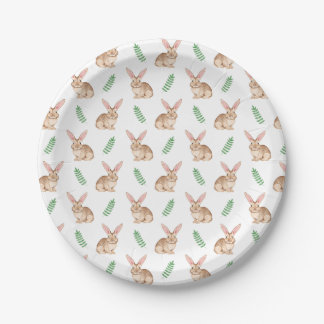 Watercolor Brown Easter Bunny And Greenery Pattern Paper Plates