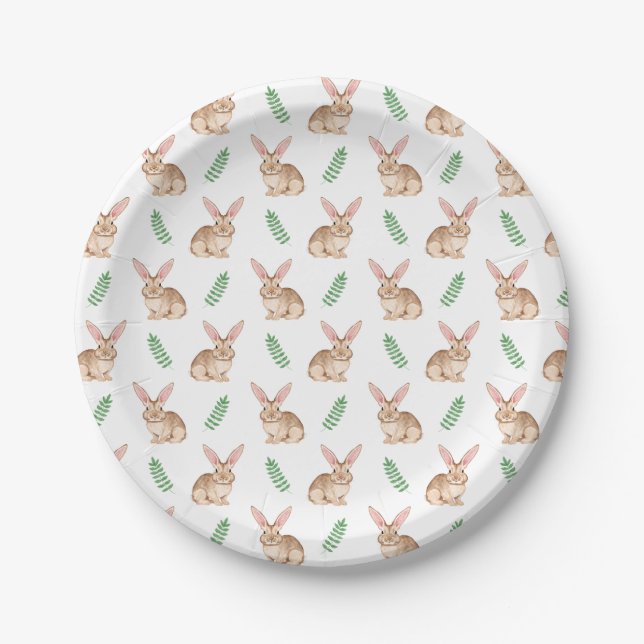Watercolor Brown Easter Bunny And Greenery Pattern Paper Plates (Front)