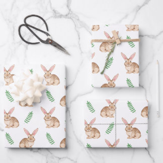 Watercolor Brown Easter Bunny And Greenery Pattern Wrapping Paper Sheets