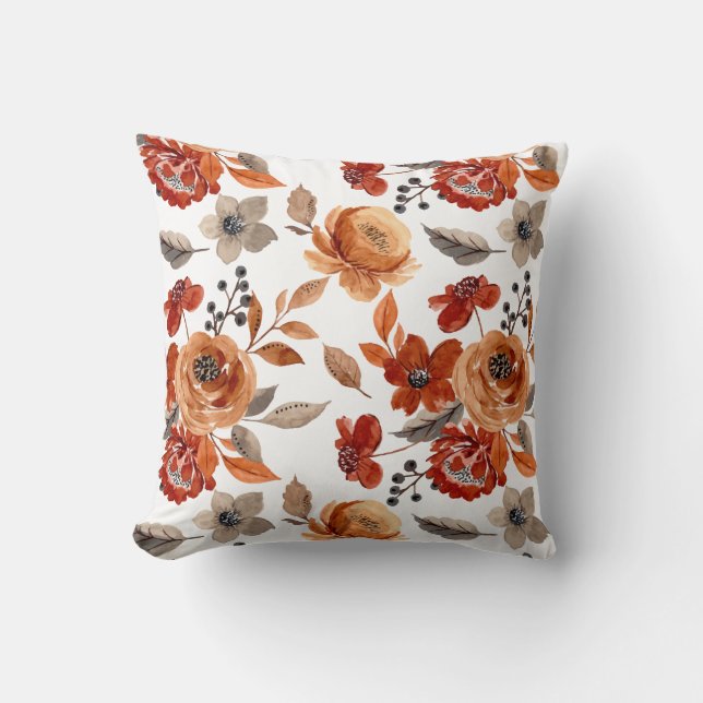 Watercolor Brown Floral Pattern Throw Pillow (Front)
