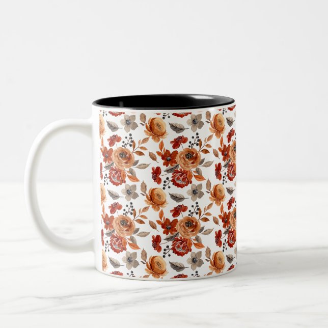 Watercolor Brown Floral Pattern Two-Tone Coffee Mug (Left)