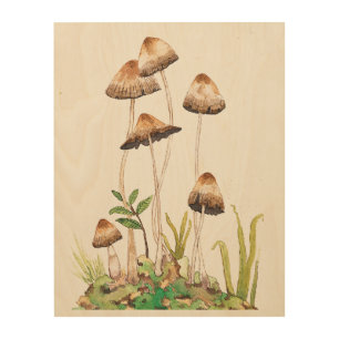 Watercolor Brown Forest Mushrooms Wood Wall Art