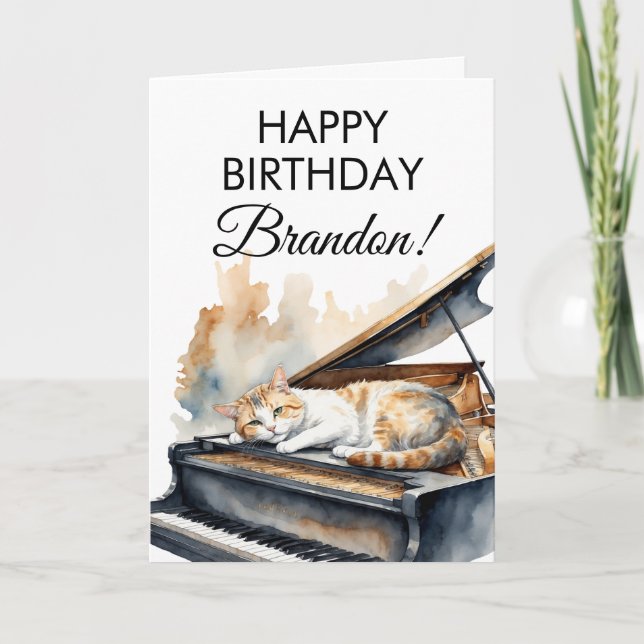 Watercolor Brown Grand Piano Cat Birthday Card (Front)