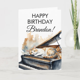 Watercolor Brown Grand Piano Cat Birthday Card