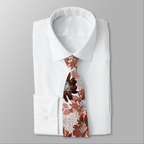 Watercolor brown gray floral pattern neck tie
