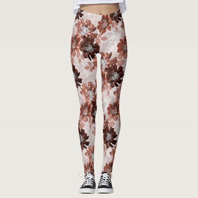 Watercolor brown grey floral pattern. leggings (Front)