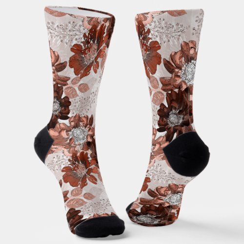Watercolor brown grey floral pattern  socks