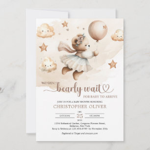 Watercolor brown ivory teddy bear girl bearly wait invitation