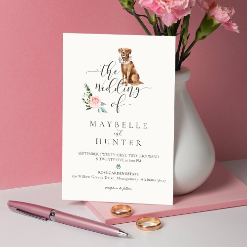 Watercolor Brown Labrador Dog  Floral Pink Rose Invitation