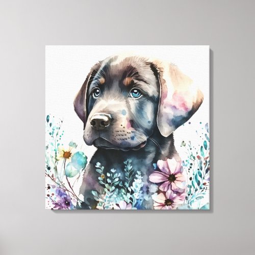 Watercolor Brown Labrador Retriever and Flowers Canvas Print