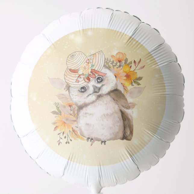Watercolor Brown Owl with Green Leaves Background Balloon (Front)