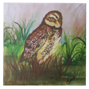 Watercolor Brown Owl with Green Leaves Background Ceramic Tile