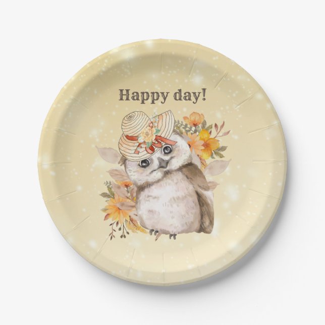 Watercolor Brown Owl with Green Leaves Background Paper Plates (Front)