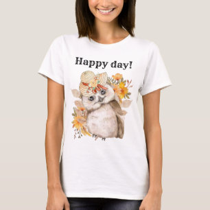 Watercolor Brown Owl with Green Leaves Background T-Shirt