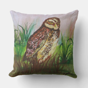 Watercolor Brown Owl with Green Leaves Background Throw Pillow