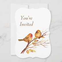 Watercolor Brown Red Gold Birds Wedding Invite