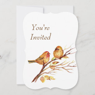 Watercolor Brown Red Gold Birds Wedding Invite