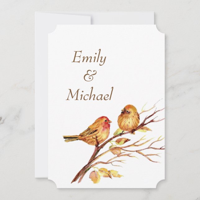Watercolor Brown Red Gold Birds Wedding Invite (Front)