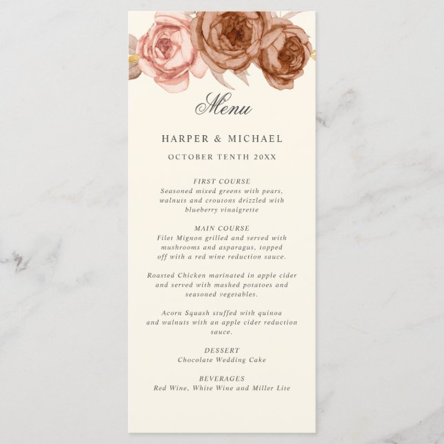 Watercolor brown roses monogram wedding menu (Front)