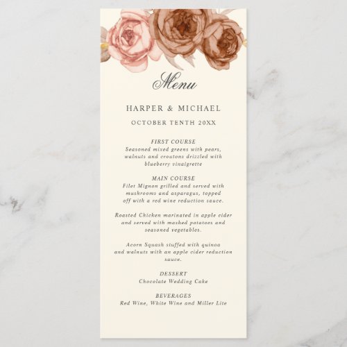 Watercolor brown roses monogram wedding menu
